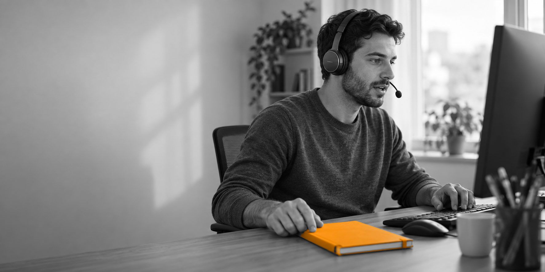 A support agent in a headset at a screen, an orange notebook on the desk, placeholder photograph