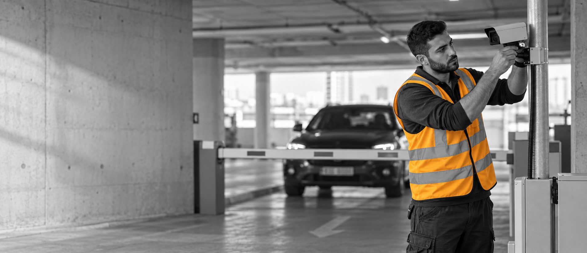 A technician in an orange hi-vis vest adjusting a camera in a car park, placeholder photograph
